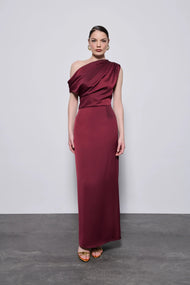 Robe — asymétrique à une épaule drapé satin midi